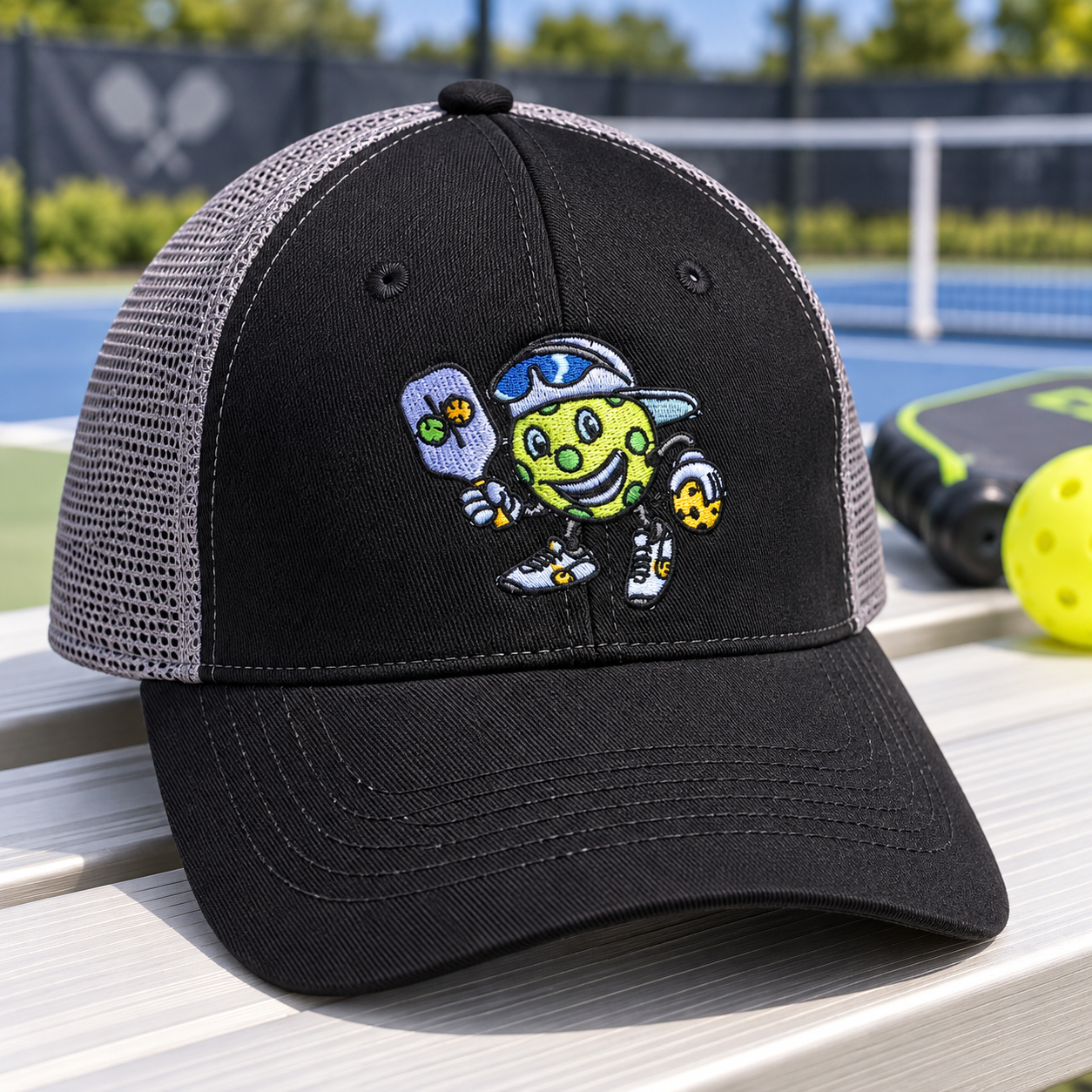 Dinkie® Pickleball Trucker Hat — Black / Grey, front view