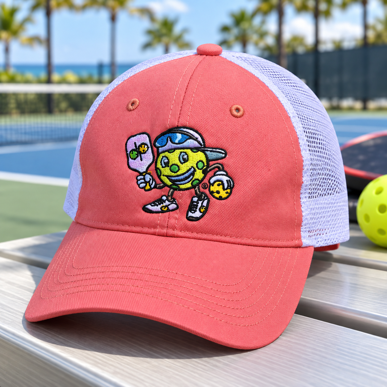 Dinkie® Pickleball Trucker Hat — Melon / White, front view