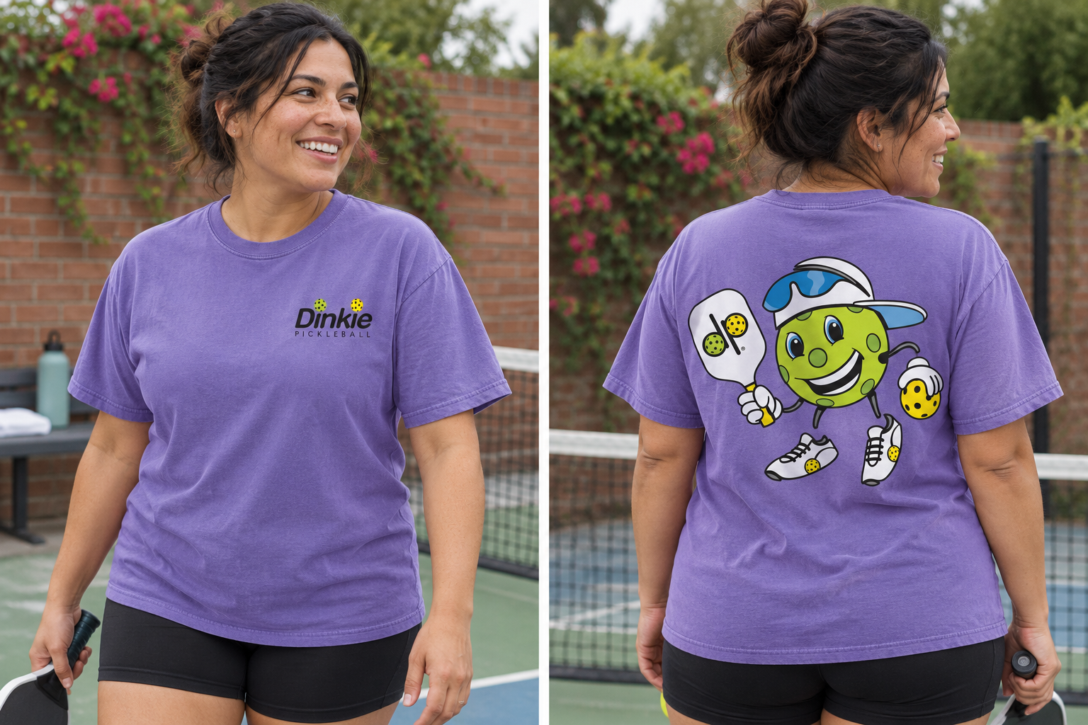 Dinkie® Pickleball Mascot T-Shirt Full Color Back — Violet, front view