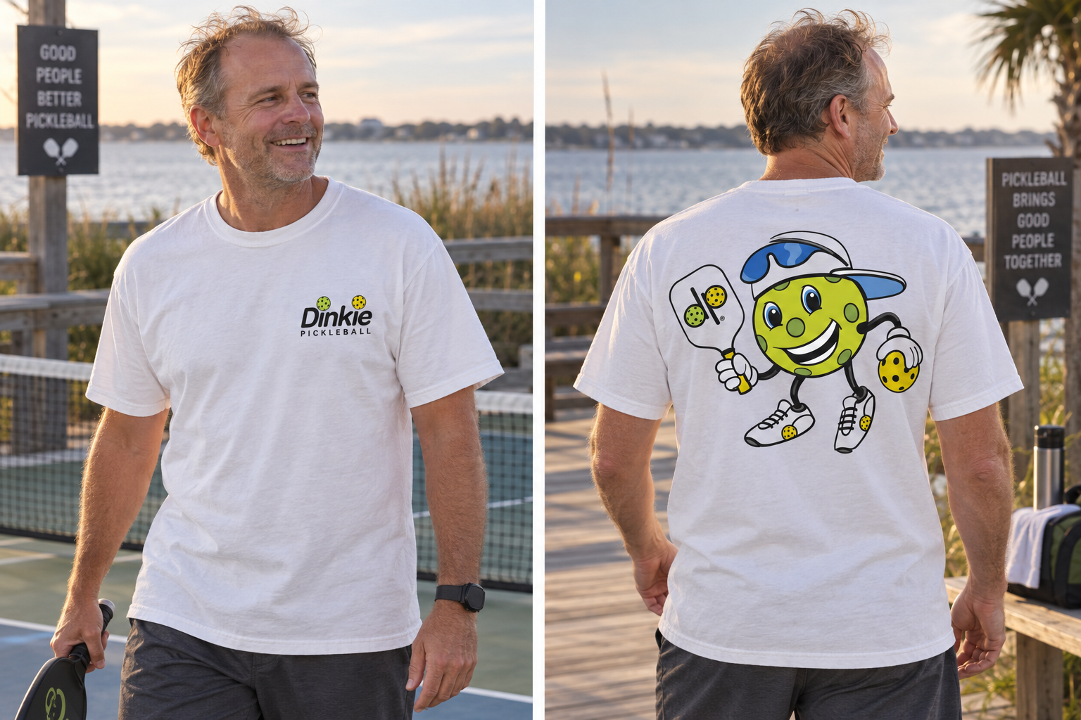 Dinkie® Pickleball Mascot T-Shirt Full Color Back — White, front view