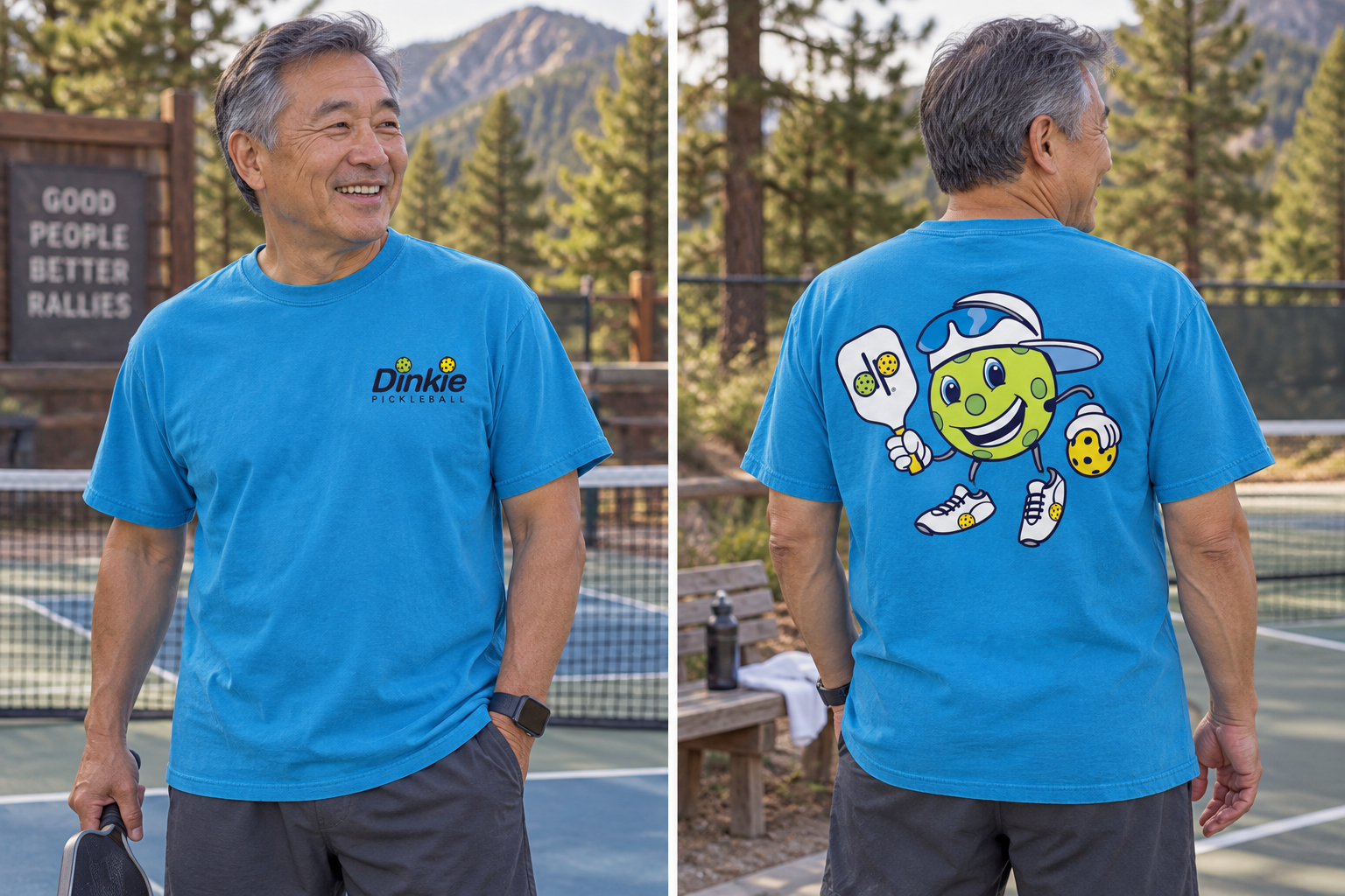 Dinkie® Pickleball Mascot T-Shirt Full Color Back — Royal Caribe, front view