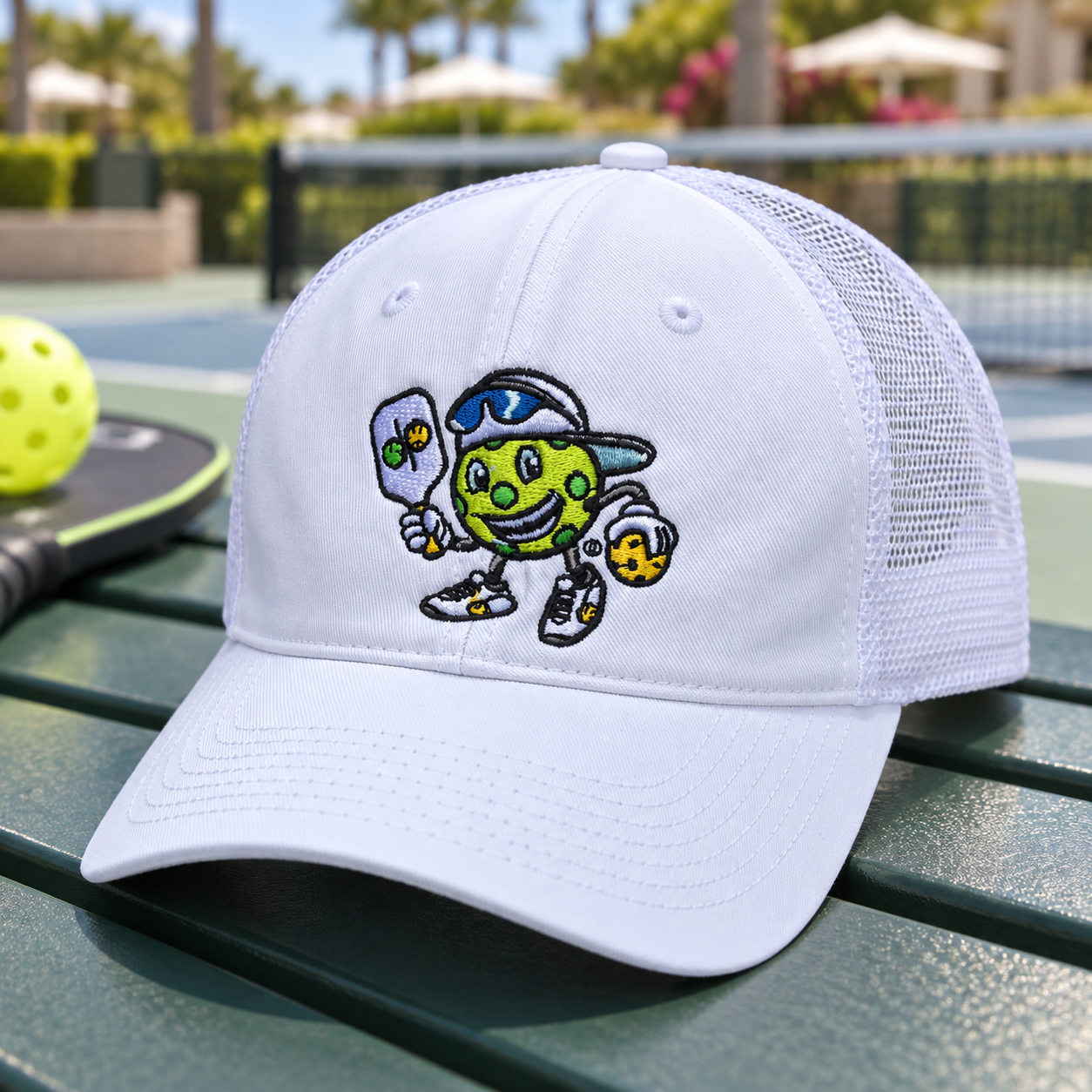 Dinkie® Pickleball Trucker Hat — White / White, front view