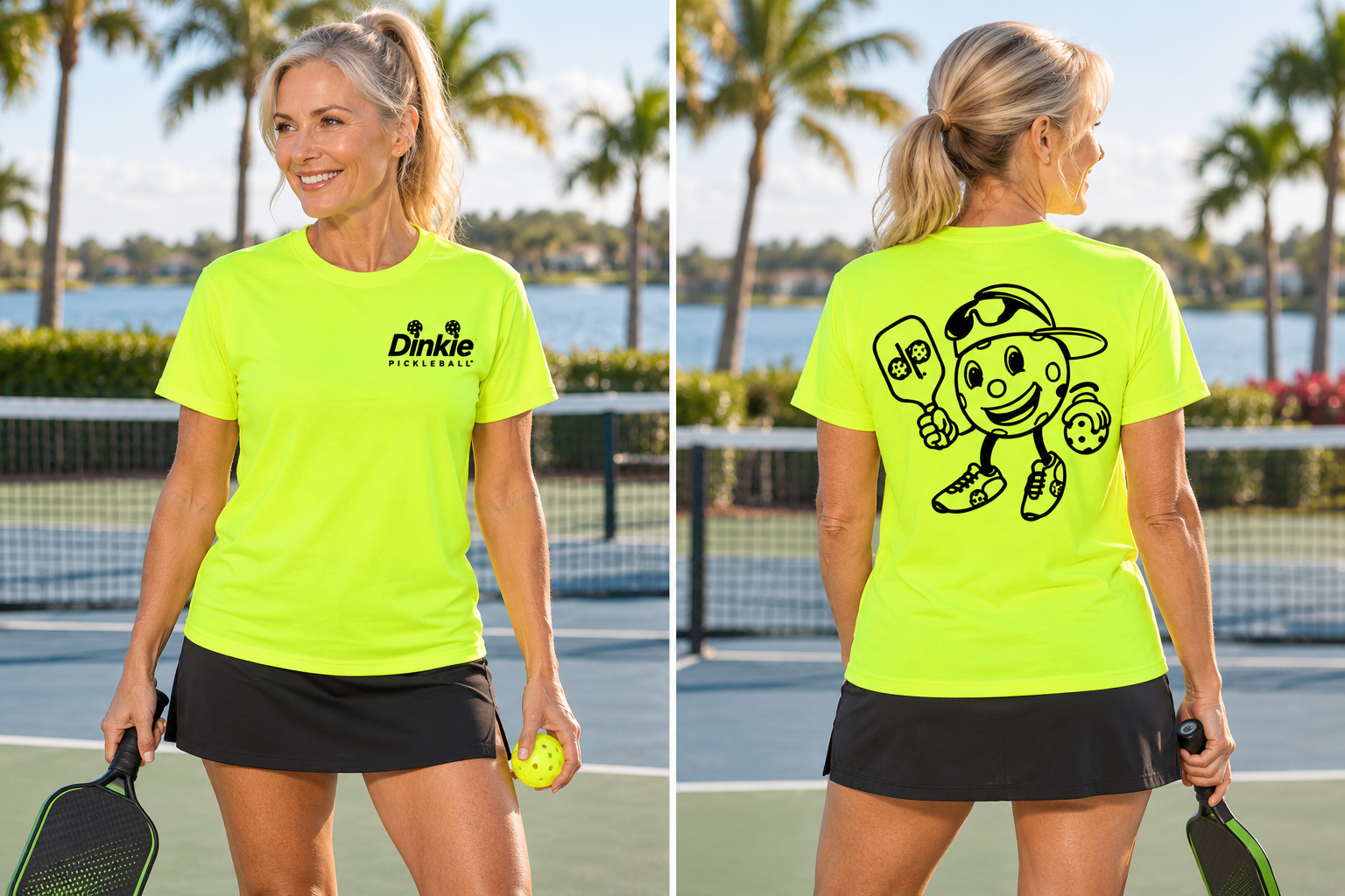Dinkie® Mascot Pickleball T-Shirt – Soft Comfort, Quick Dry — Safety Green, front view