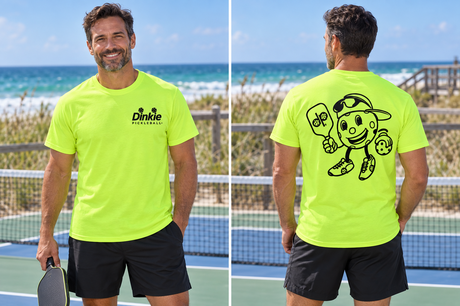 Dinkie® Mascot Pickleball T-Shirt – Soft Comfort, Quick Dry — Safety Green, front view
