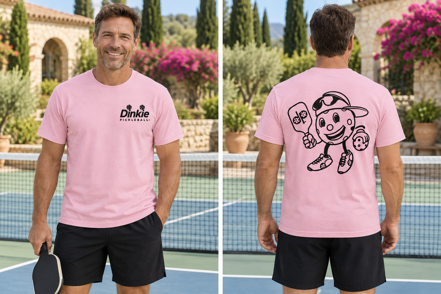 Dinkie® Mascot Pickleball T-Shirt – Soft Comfort, Quick Dry — Light Pink, front view