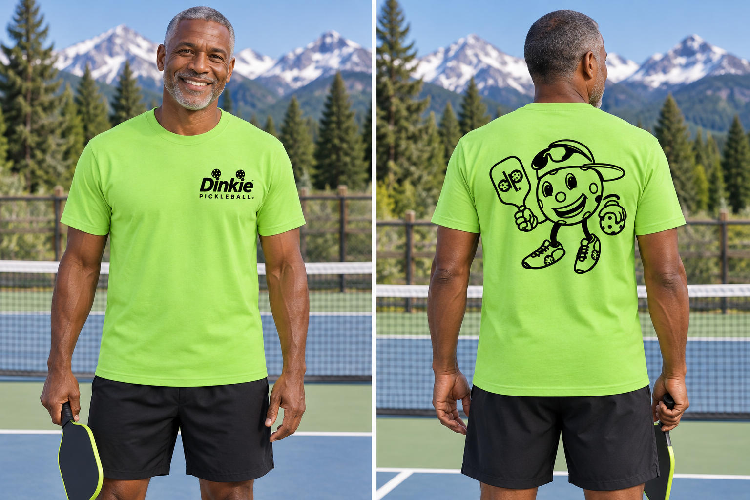 Dinkie® Mascot Pickleball T-Shirt – Soft Comfort, Quick Dry — Lime, front view
