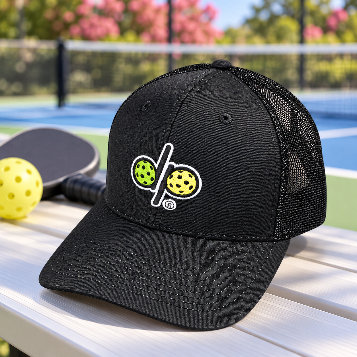 Dinkie® Pickleball Pro Style Hat — Black / Black, front view