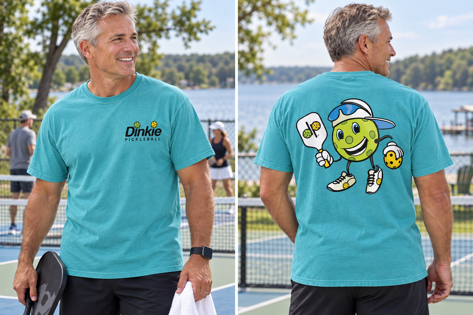 Dinkie® Pickleball Mascot T-Shirt Full Color Back — Lagoon, front view