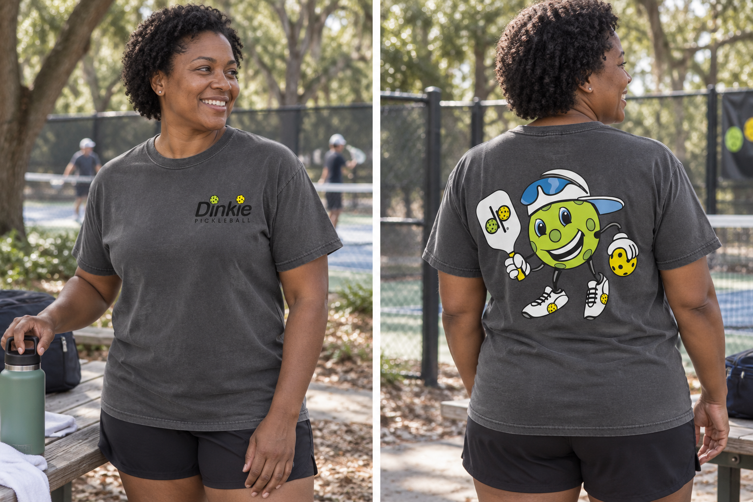 Dinkie® Pickleball Mascot T-Shirt Full Color Back — Pepper, front view