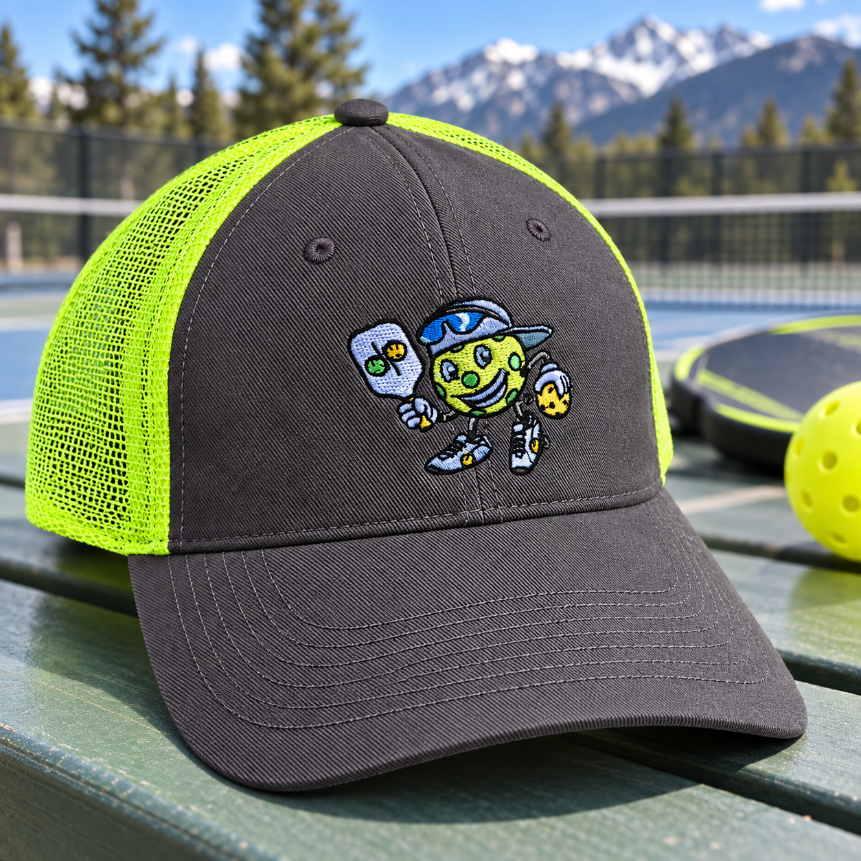 Dinkie® Pickleball Trucker Hat — Charcoal / Neon Yellow, front view
