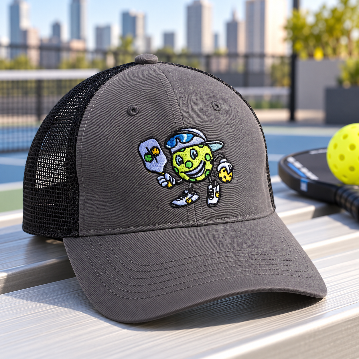 Dinkie® Pickleball Trucker Hat — Charcoal / Black, front view